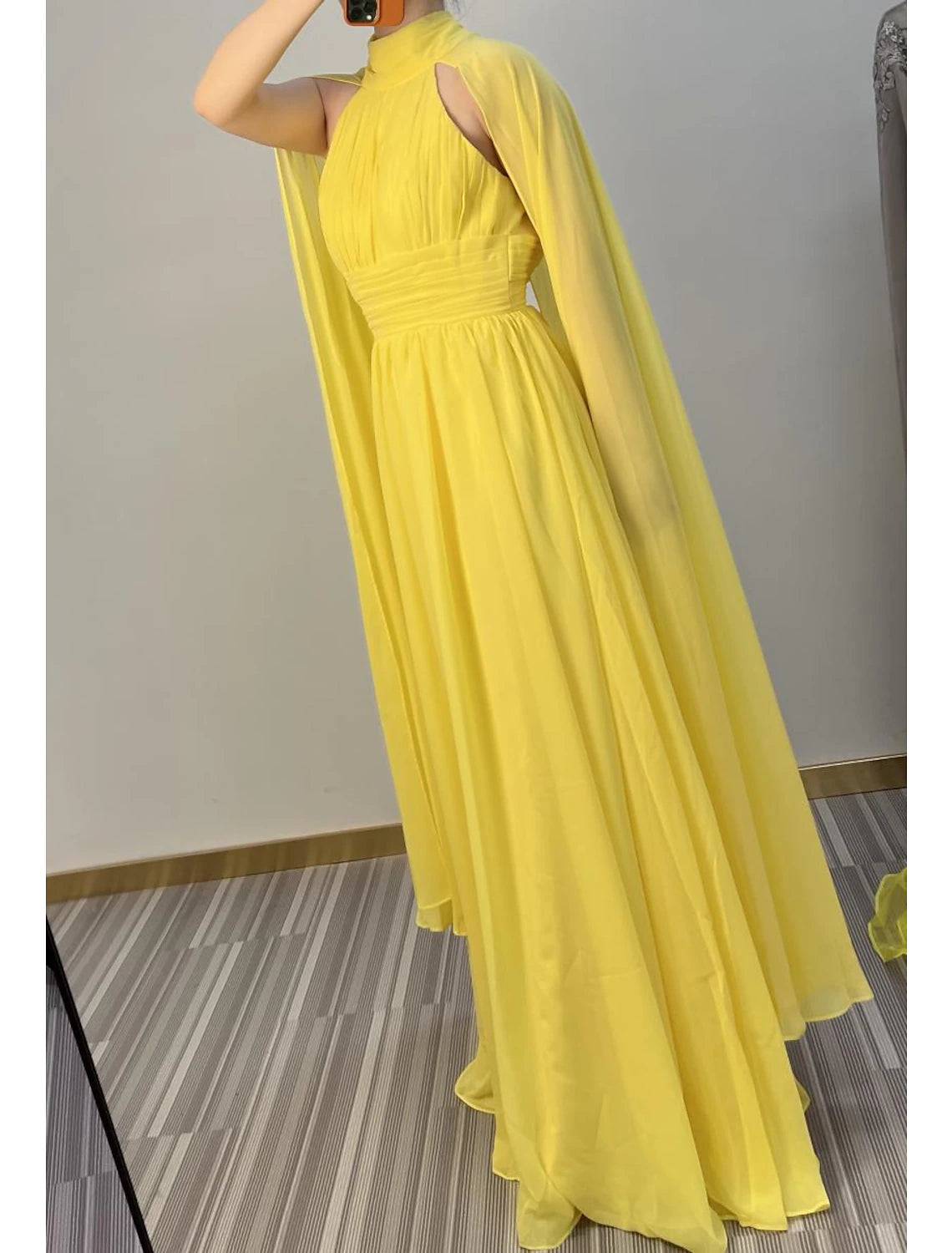 A-Line Evening Gown Maxi Dress Formal Wedding Guest Floor Length Sleeveless High Neck Capes Chiffon with Ruched