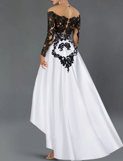 A-Line Cocktail Dresses Elegant Dress Wedding Party Semi Formal Asymmetrical 3/4 Length Sleeve Off Shoulder Fall Wedding Guest Satin with Beading Embroidery Appliques