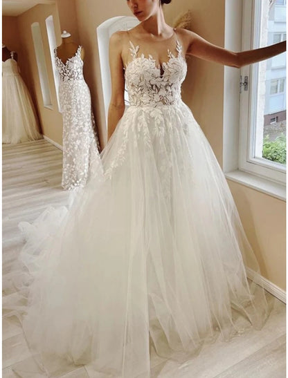 Beach Formal Wedding Dresses Ball Gown Illusion Neck Sleeveless Court Train Lace Bridal Gowns With Pleats