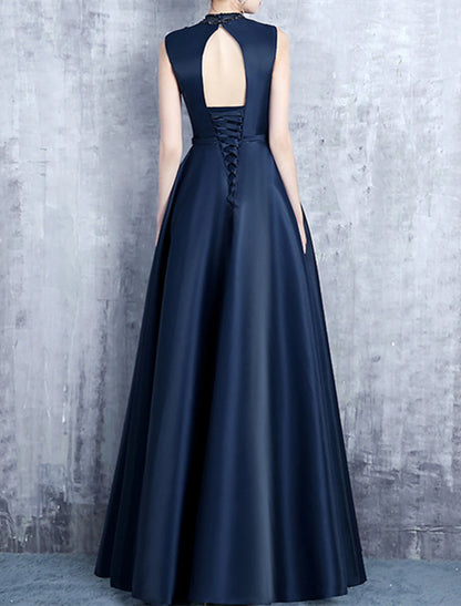 A-Line Evening Gown Elegant Dress Formal Wedding Guest Floor Length Sleeveless High Neck Satin with Pleats