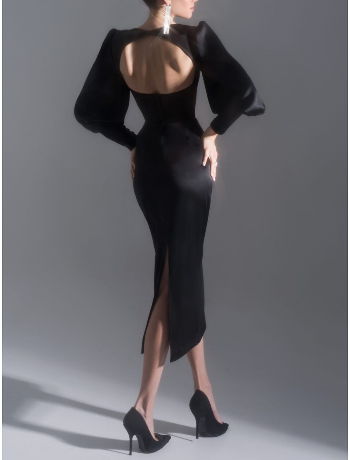 Sheath Black Dress Evening Gown Elegant Dress Formal Tea Length Long Sleeve Sweetheart Satin with Ruched Slit