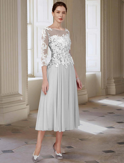 Formal Wedding Guest Elegant Jewel Neck Asymmetrical Ankle Length Chiffon Lace 3/4 Length Sleeve with Appliques Mother of the Bride Dress