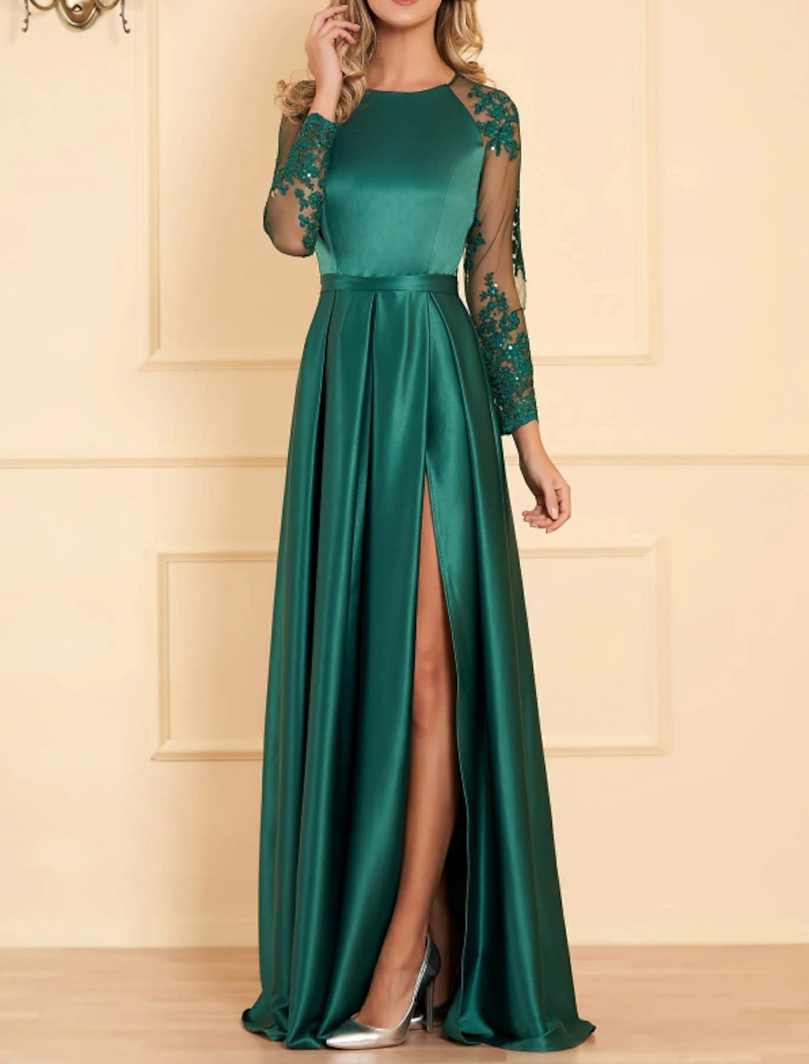 A-Line Evening Gown Empire Dress Christmas Wedding Guest Floor Length Long Sleeve Jewel Neck Satin with Appliques Split Front