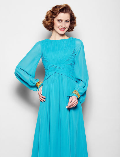 A-Line Mother of the Bride Dress Vintage Inspired Bateau Neck Floor Length Chiffon Long Sleeve No with Pleats