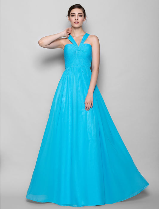 Sheath / Column Bridesmaid Dress Halter Neck Sleeveless Open Back Floor Length Chiffon with Criss Cross