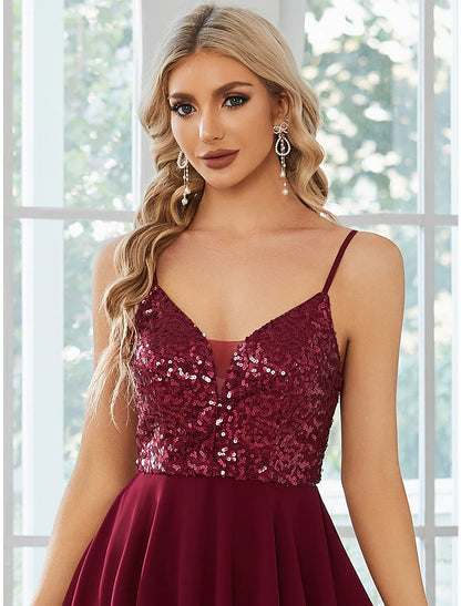 A-Line Homecoming Dresses Sparkle & Shine Dress Party Wear Birthday Short / Mini Sleeveless Spaghetti Strap Chiffon with Pleats Sequin