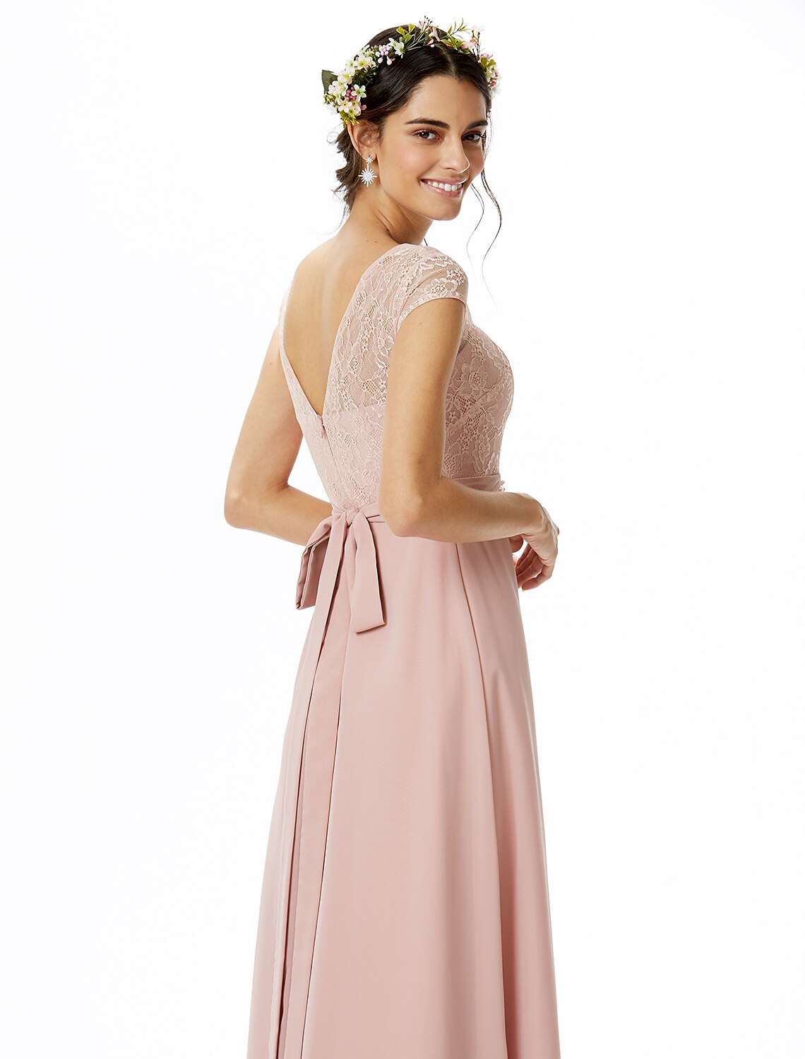 Sheath / Column Bridesmaid Dress Bateau Neck Short Sleeve Elegant Floor Length Chiffon / Lace with Lace / Sash / Ribbon / Bow(s)