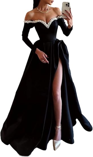 A-Line Sexy Formal Long Sleeve Off Shoulder Satin with Pearls Slit Evening Dress Fall November Wedding Guest Dress