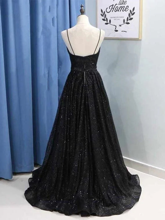A-Line Prom Dresses Glittering Dress Party Wear Floor Length Sleeveless V Neck Sequined with Slit