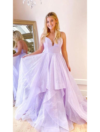 Ball Gown A-Line Prom Dresses Sparkle & Shine Dress Formal Wedding Party Floor Length Sleeveless Sweetheart Tulle Backless with Pleats Ruffles