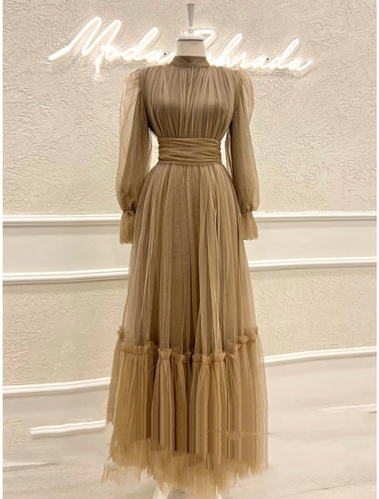 A-Line Prom Dresses Elegant Dress Formal Ankle Length Long Sleeve High Neck Tulle with Pleats Ruched