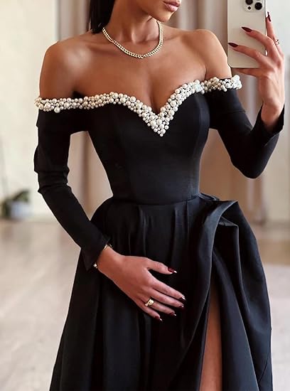 A-Line Sexy Formal Long Sleeve Off Shoulder Satin with Pearls Slit Evening Dress Fall November Wedding Guest Dress