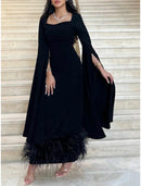 Sheath Black Dress Evening Gown Elegant Dress Formal Ankle Length Long Sleeve Square Neck Stretch Fabric with Feather