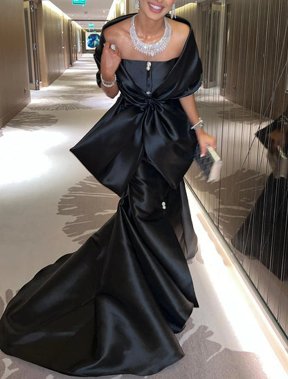 Mermaid / Trumpet Evening Gown Black Dress Elegant Dress Formal Court Train Half Sleeve Off Shoulder Satin with Bow(s) Slit