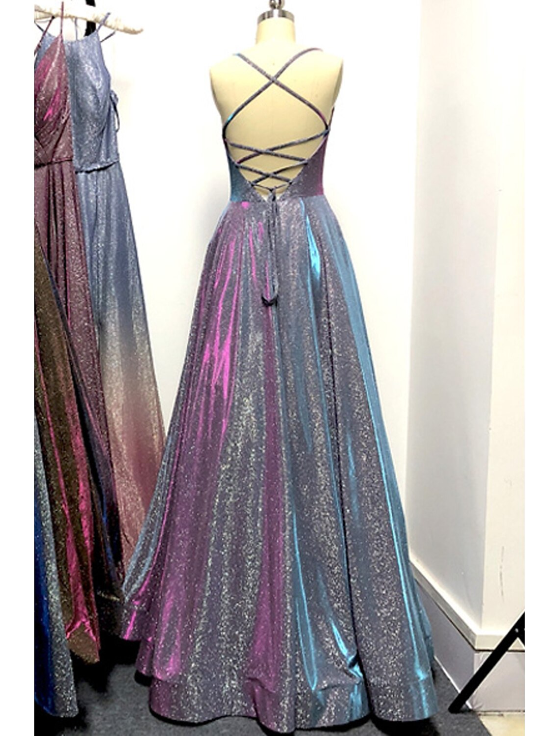 A-Line Prom Dresses Sparkle & Shine Dress Formal Prom Floor Length Sleeveless Strapless Pocket Stretch Satin Backless with Slit Pocket