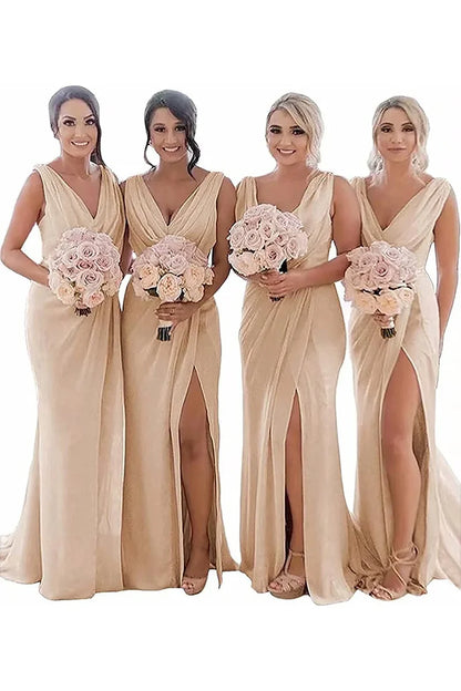 Bridesmaid Dress Sheath Chiffon Ruched Long with Slit