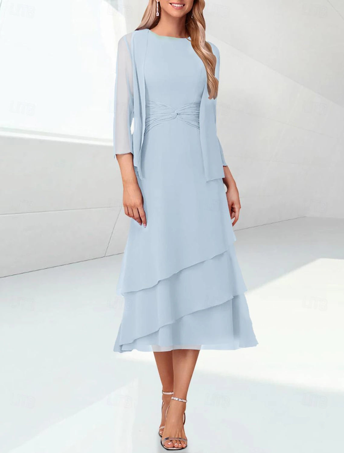 Elegant Wedding Guest Tea Tiered Chiffon 3/4 Length Sleeve Wrap Included with Mother of the Bride Dress