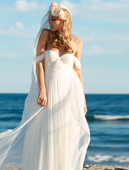 Beach Sexy Boho Wedding Dresses Floor Length A-Line Sleeveless Off Shoulder Chiffon With Pleats Solid Color