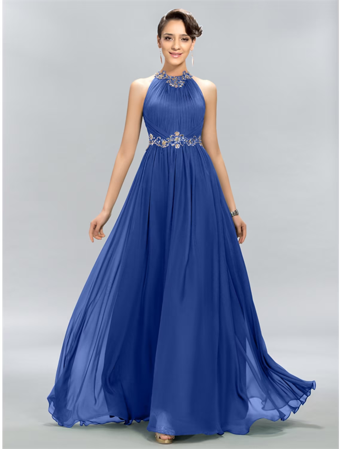 A-Line Wedding Guest Dresses Maxi Dress Party Wear Floor Length Sleeveless Halter Chiffon with Ruched Appliques