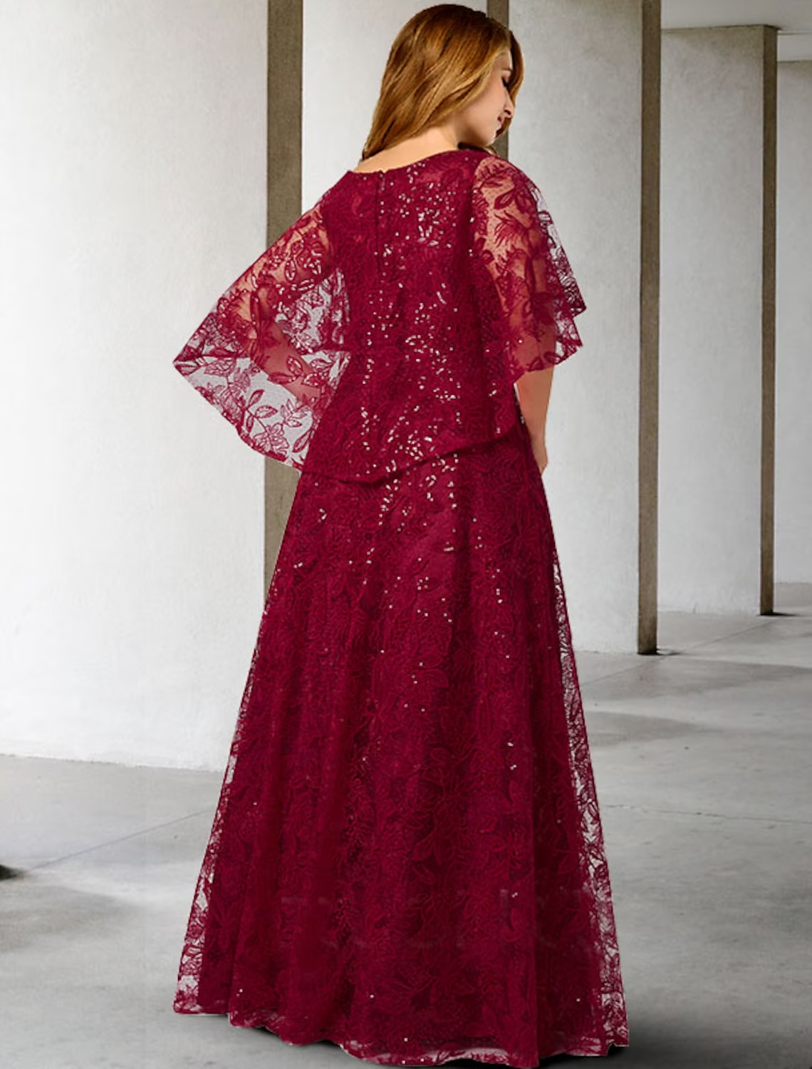 A-Line Mother of the Bride Dress Plus Size Elegant Jewel Neck Floor Length Lace Half Sleeve No with Sequin Appliques