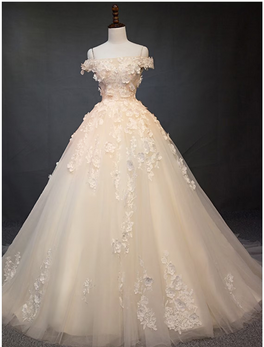 Engagement Vintage Formal Wedding Dresses Chapel Train Ball Gown Cap Sleeve Off Shoulder Tulle With Pearls Appliques