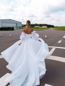 Beach Casual Wedding Dresses Court Train A-Line Long Sleeve Off Shoulder Organza With Solid Color