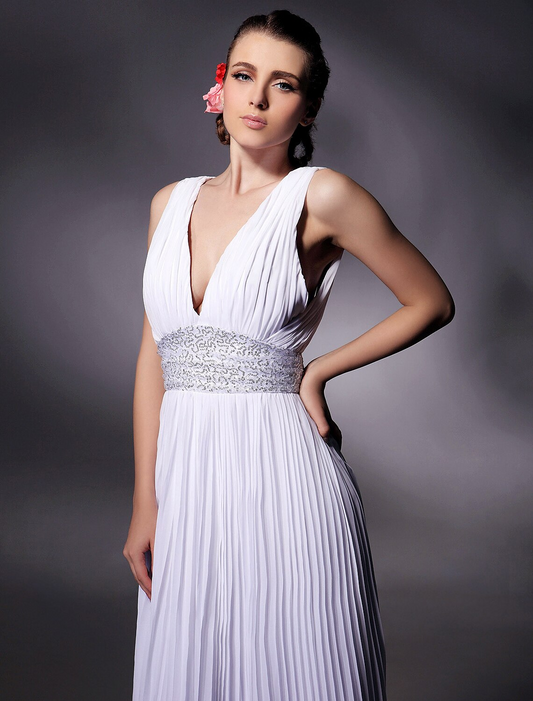 Sheath / Column Celebrity Style Dress Prom Floor Length Sleeveless Plunging Neck Chiffon with Beading Draping