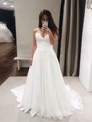 Hall Casual Formal Wedding Dresses Court Train A-Line Sleeveless Strapless Chiffon With Solid Color