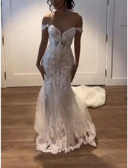 Formal Wedding Dresses Mermaid / Trumpet Off Shoulder Sleeveless Court Train Lace Bridal Gowns With Pleats