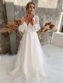 Reception Casual Fall Wedding Dresses A-Line V Neck Long Sleeve Floor Length Tulle Bridal Gowns With Solid Color