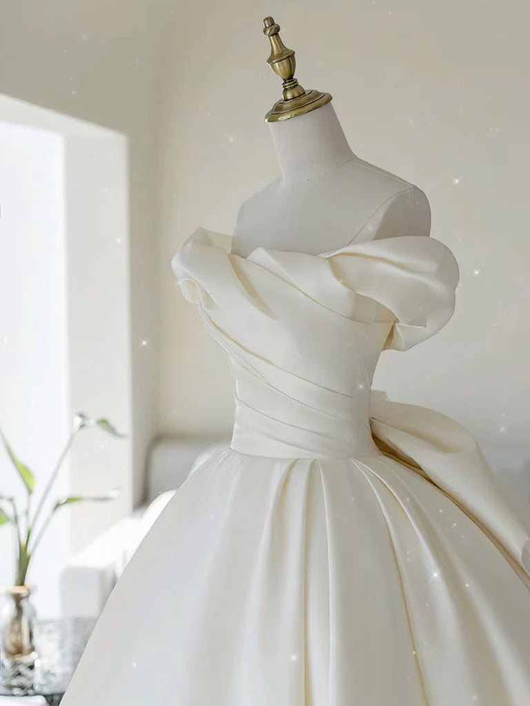 Simple Atmosphere Off Shoulder Wrinkle Satin Long Wedding Dress