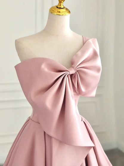 Sweet A-Line Prom Dress Big Bow knot Neck Wrinkle Satin Long Elegant Dress