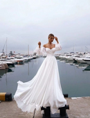 Beach Casual Wedding Dresses Sweep / Brush Train A-Line Long Sleeve Off Shoulder Chiffon With Ruched Solid Color