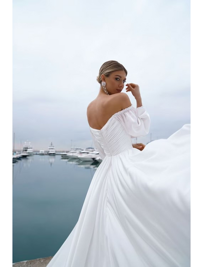 Beach Casual Wedding Dresses Sweep / Brush Train A-Line Long Sleeve Off Shoulder Chiffon With Ruched Solid Color