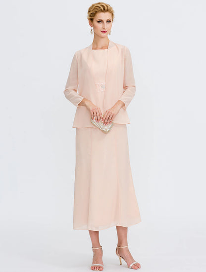 Two Piece Sheath / Column Mother of the Bride Dress Wedding Guest Plus Size Elegant with Jacket Long Sleeve Scoop Neck Tea Length Chiffon Sash / Ribbon Pleats Beading