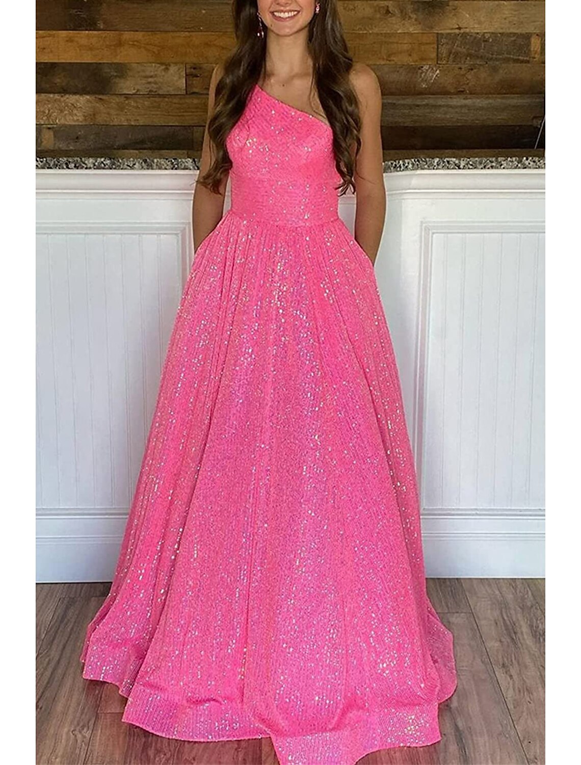 A-Line Prom Dresses Sparkle & Shine Dress Formal Floor Length Sleeveless One Shoulder Sequined Backless with Pleats Sequin