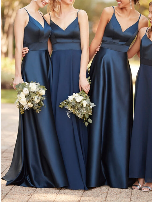 Sheath / Column Bridesmaid Dress Spaghetti Strap / V Neck Sleeveless Blue Floor Length Satin with Pleats / Solid Color