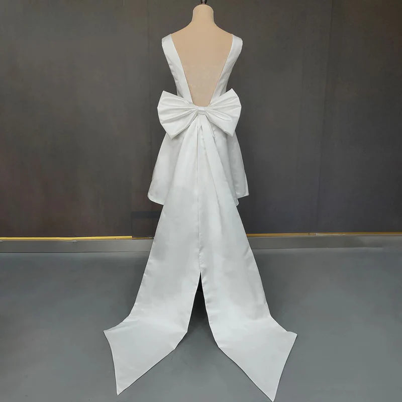 Wedding Dress A-Line Satin V-Neck Short with Large Bow