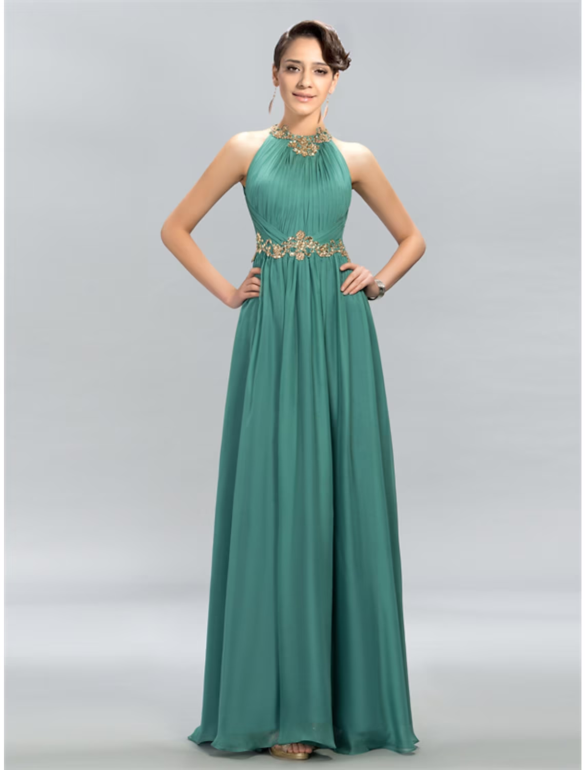 A-Line Wedding Guest Dresses Maxi Dress Party Wear Floor Length Sleeveless Halter Chiffon with Ruched Appliques