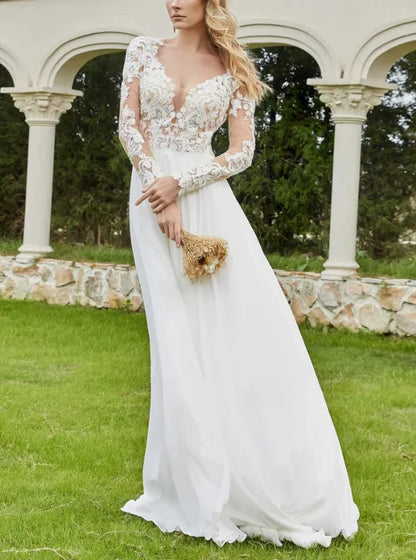 Fall November December New Pattern Wedding Dress Applique Long Sleeves Chiffon Elegant Dress