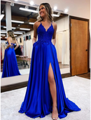 A-Line Prom Dresses Empire Dress Formal Court Train Sleeveless V Neck Satin Backless with Beading Appliques