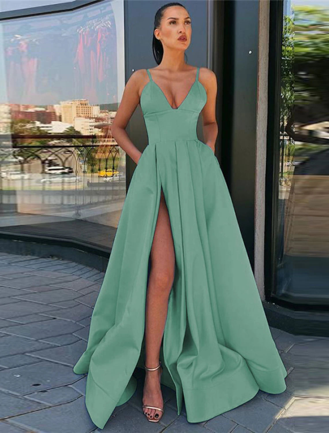 A-Line Black Dress Plus Size Prom Dress High Split Evening Dress Formal Birthday Summer Dress Spaghetti Strap Sleeveless Sweep / Brush Train Satin with Pleats Split Front