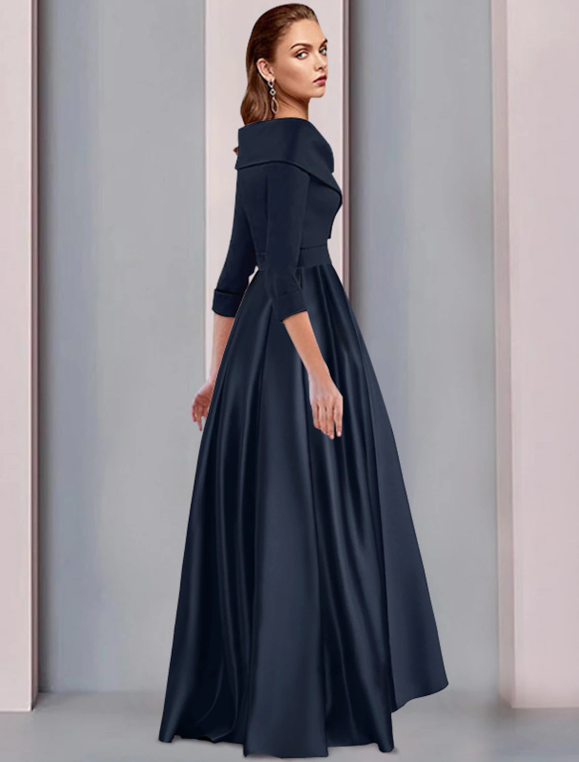 A-Line Mother of the Bride Dress Wedding Guest Elegant High Low Sweet Spaghetti Strap Asymmetrical Tea Length Satin 3/4 Length Sleeve with Pleats Fall