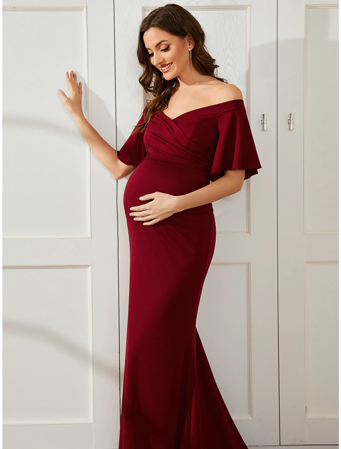 Mermaid / Trumpet Maternity Dresses Maternity Dress Formal Wedding Party Court Train Short Sleeve Off Shoulder Stretch Fabric with Ruched Pure Color