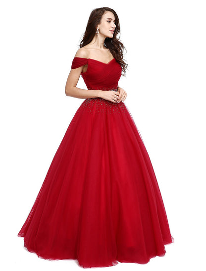 Ball Gown Elegant Dress Formal Evening Floor Length Sleeveless V Wire Tulle with Beading Sequin