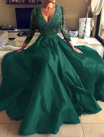 A-Line Evening Gown Floral Dress Party Wear Formal Evening Floor Length Long Sleeve V Neck Tulle with Pleats Appliques