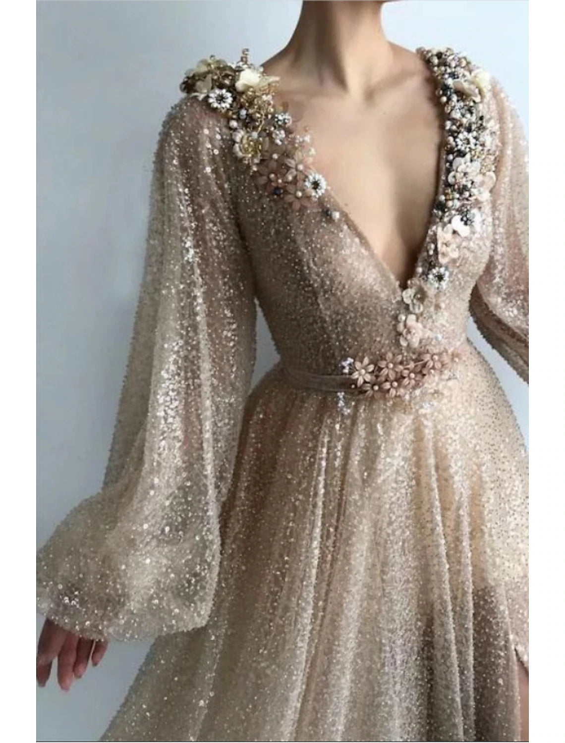 A-Line Evening Gown Sparkle Dress Wedding Guest Prom Floor Length Long Sleeve V Neck Sequined with Sequin Appliques Split Front