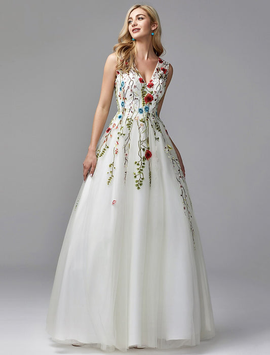 A-Line Special Occasion Dresses Floral Dress Wedding Guest Homecoming Floor Length Sleeveless V Neck Lace with Embroidery Appliques