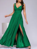 A-Line Bridesmaid Dress V Neck Sleeveless Elegant Floor Length Spandex with Split Front / Ruching