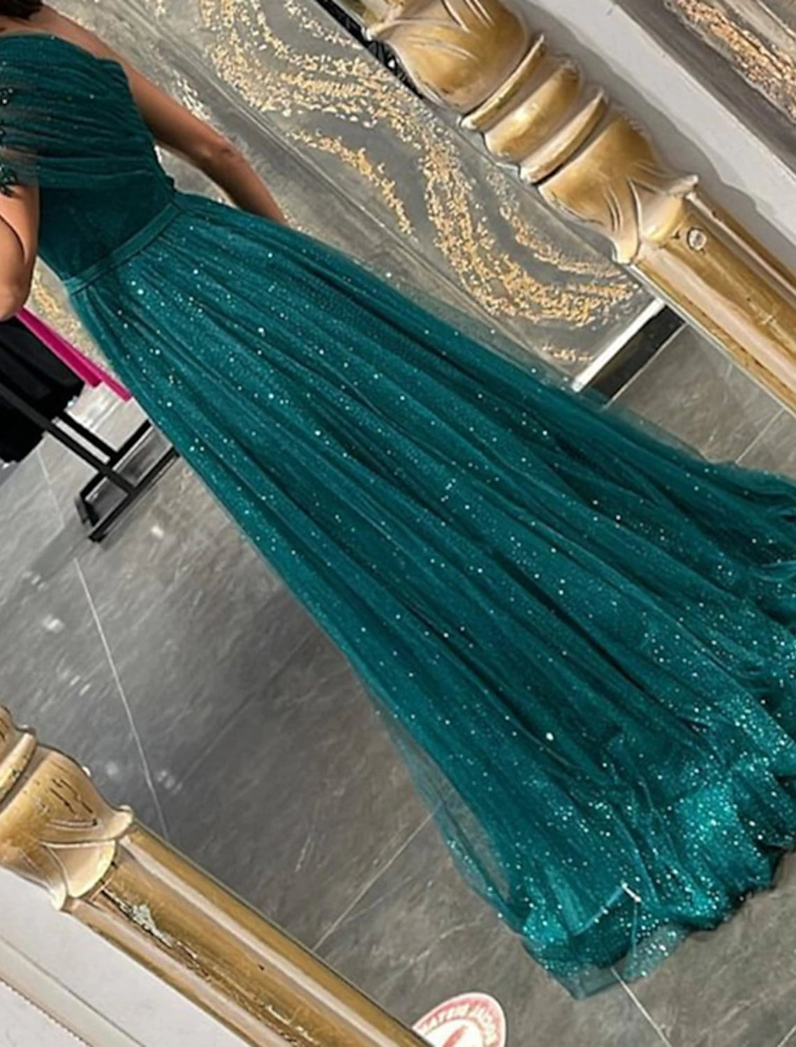 A-Line Evening Gown Glittering Dress Wedding Prom Court Train Sleeveless One Shoulder Tulle with Glitter Ruched Appliques